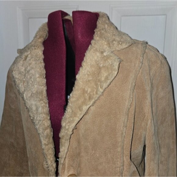 Giacca Vintage Leather Tan Faux Shearling Button Coat - Picture 2 of 13